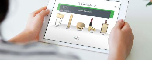 A tablet showing cosmetic engraving options for perfume and makeup items with Gravotouch software